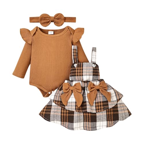 Baby Girl Clothes Fall Winter Outfit Long Sleeve Ruffle Romper Plaid Skirt Bow Headband 3 Pcs Set 0-18 Months