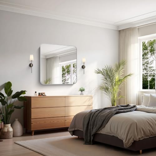 Image of KOCUUY Silver Bathroom Mirror, 30x30 Inch Bathroom Mirror for Over Sink, HD Tempered Glass, Anti-Rust Brushed Silver Frame, Rounded Corner Modern Design for Bathroom, Hang Horizontal /Vertical