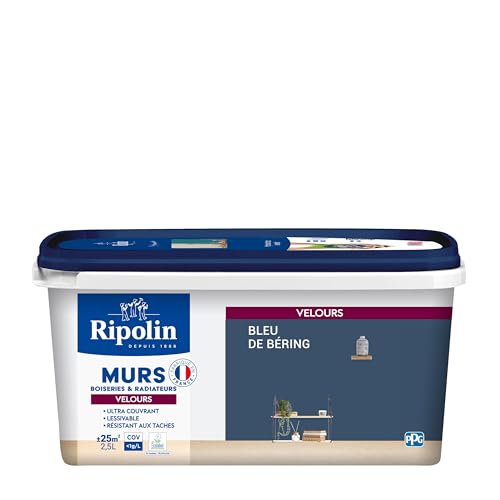RIPOLIN - Peinture Intérieure Multi-Supports – Murs, Boiseries & Radiateurs – Ultra couvrante - Monocouche - Confort d'application - Aspect Velours - Bleu De Bering - 2,5L