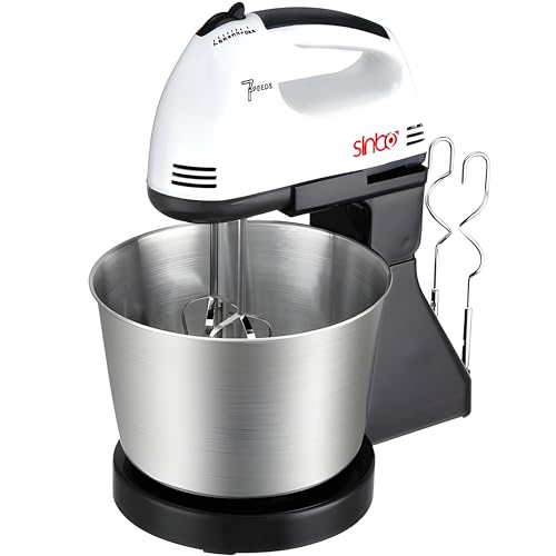 Retoo Handmixer mit Schüssel, Handrührer, Eierschläger, 100W, 220V, 7 Stufen, Leicht, Leise, Handrührgerät, Turbotaste, Rührmixer, Rührbesen, Geschwindigkeitsschalter, Weiß, Silber