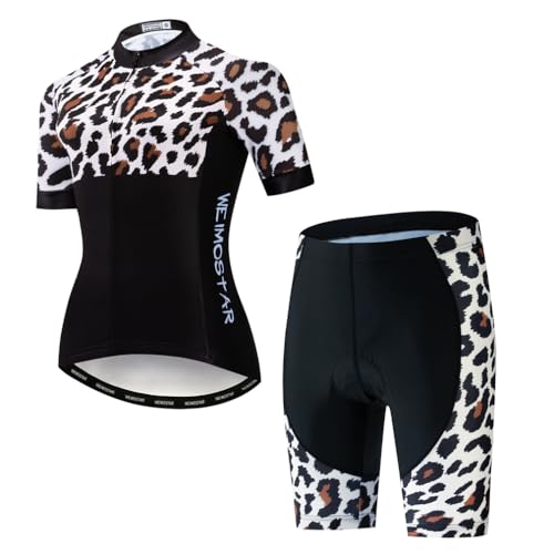 Cycling Jersey Women Set Short Sleeve Set Girls Padded Bike Shorts Clothing Suit Leopard Black XXL