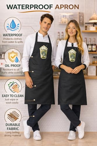 Image of Waterproof Printed Kitchen Apron for Women & Men, Adjustable Neck Cooking Apron with Front Pocket, Oil & Stain Resistant Apron for Cooking, Baking & Kitchen Use
