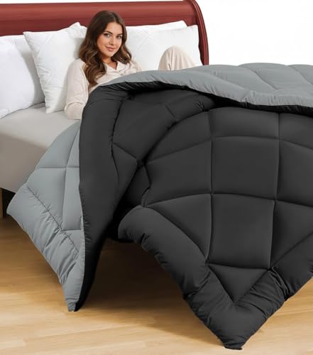 Image of HOMEKART 220 GSM Microfiber Reversible Comforter for Double Bed,Ultra Soft, Skin-Friendly & Hypoallergenic Solid Blanket|Lightweight Cozy & Machine Washable (Grey /Black)