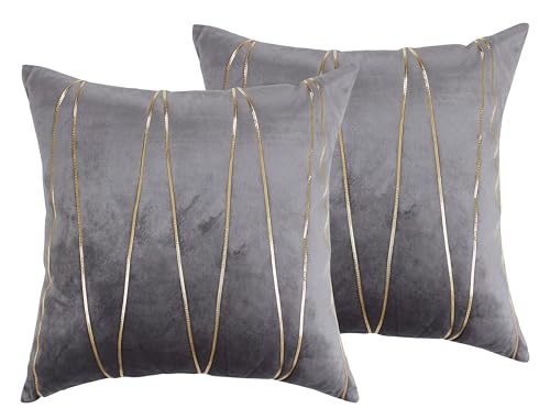 Image of Amazon Brand - Umi Gold Leather Striped Pack of 2 Throw Pillow Covers Velvet Decorative Cushion Covers Cases for Sofa Bedroom Livingroom Car 24 x 24 in Grey Color