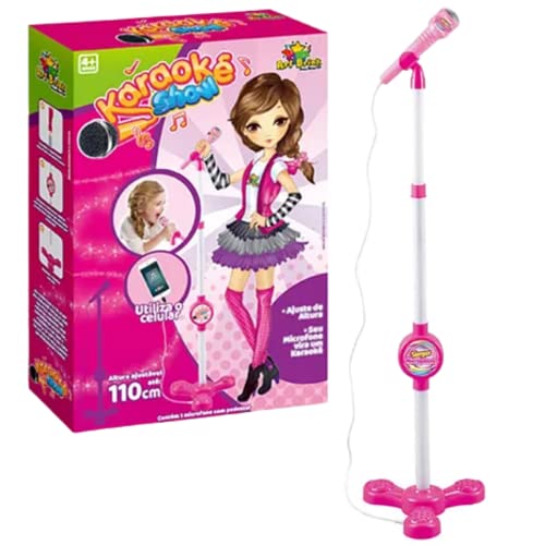 Brinquedo Microfone Karaokê Com Pedestal Rosa Conecta No Celular Infantil Criança Menina Cabo P2 Inc