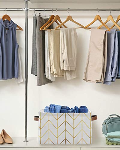 Storage Baskets For Organizing, Toy Box Chest Modern Herringbone Geometric White And Gold Foldable Cube Storage Bin With 2 Leather Handles Set Of 1 #TOP4