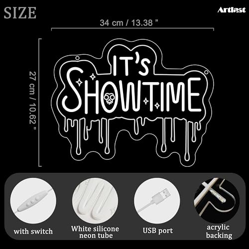 Image of It's Show Time Neon Sign Halloween Neon Lights for Wall Decor LED Red Tombstone Sign for Party,Chamber of Secrets, Spooky House, Game Room, Theater