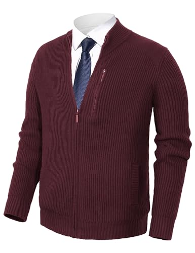 Pioneer Camp Men's Chest Pocket Cardigan Sweaters Full Zip Up Stand Collar Solid Casual Knitted Sweater with 3 Pockets（Wine Red,M）