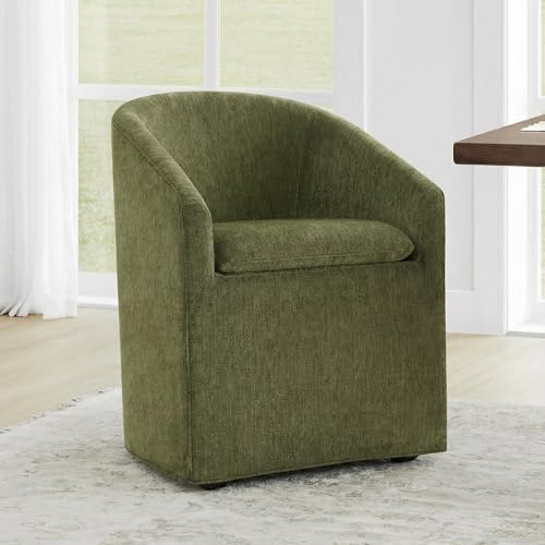 Image of KISLOT Upholstered Dining Chairs Set of 1 with Casters, Modern Side Barrel Armchair with Washable Slipcover & Sturdy Metal Frame for Diningroom Bedroom Livingroom Reading Room, Green Fabric