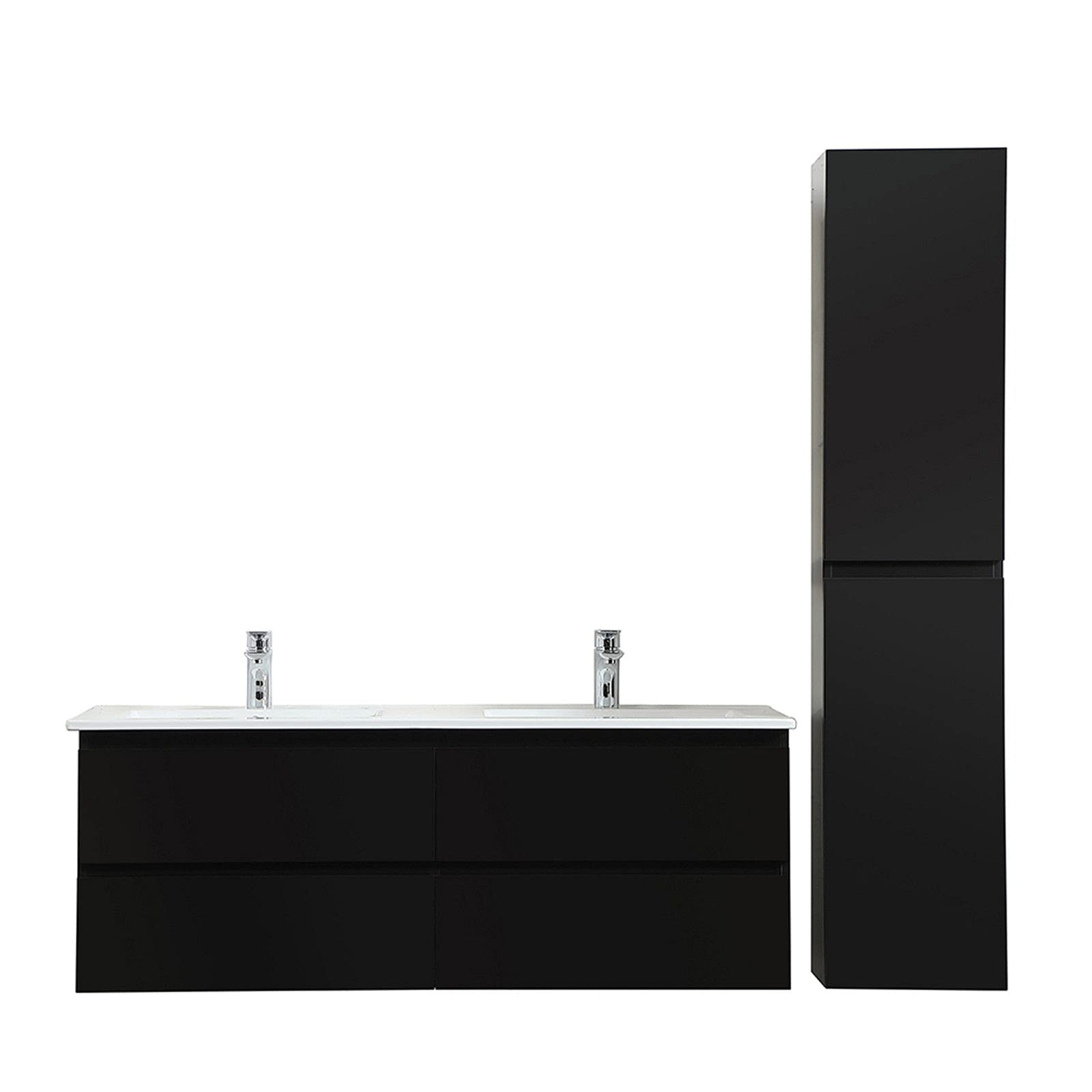 MOB-IN Meuble Double Vasque 120cm avec Plan céramique Sorrento Noir + Colonne