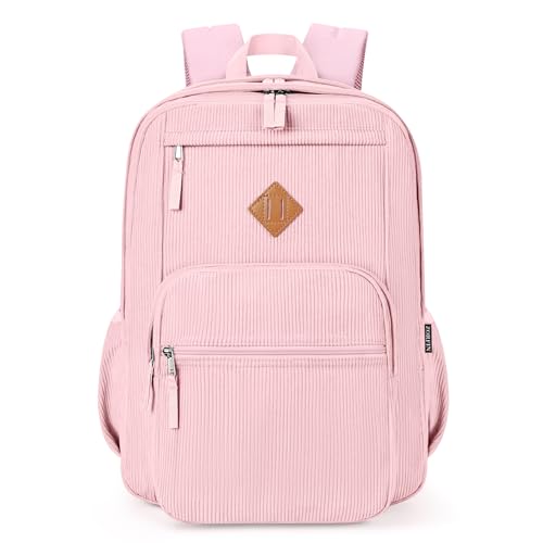 ZORFIN 26L Backpack for School, College, and Travel: Corduroy Bookbag with 8 Compartments - Light Pink