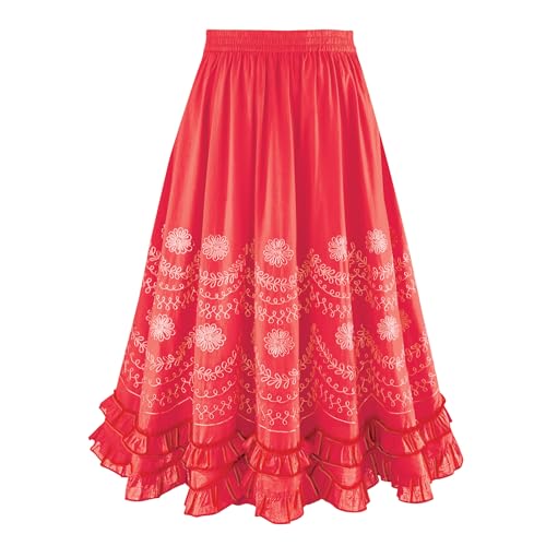 Collections Etc Women's Embroidered & Ruffle Trim Skrt Coral Large