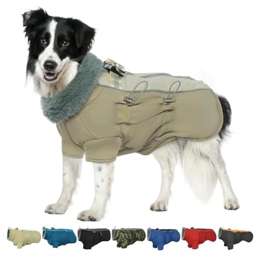 IKIPUKO Warm Dog Puffer Jacket, Zip Up Dog Coat with Harness Waterproof Dog Winter Coat for Large Medium Small Dogs Fleece High Collar Dog Snowsuit Dog Winter Jacket Reflective Dog Jacket(Brown L)