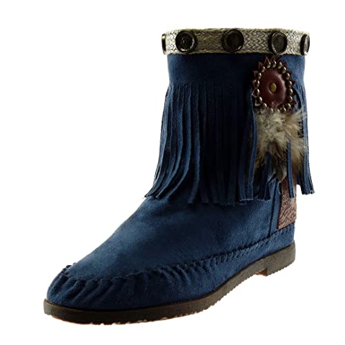 Angkorly - Chaussures Mode Bottines Bottes Bottes Indiennes Folk Slip-on Femme Frange Plume clouté Talon Bloc 1.5 CM - Bleu - M866 T 38