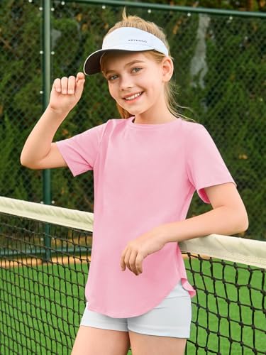 Image of Haloumoning Girls Short Sleeve T Shirts Summer Crewneck Shirt 5-14 Years | Casual, Solid, Loose Fit, Basic tees, Curve Hem, Soft Tunic Tops