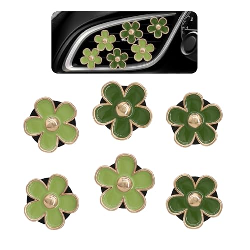 ORIESSE Green Flower Car Decor 6pcs Green Daisy Air Vent Clips Car Air Fresheners 2 Sizes Sage and Olive Green Flowers Dashboard Decorations Accessories for Women Girly Refillable Diffuser