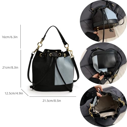 Image of Denim Bucket Bag for Women Handbag Trendy Jean Purse Drawstring Crossbody Shoulder Bag