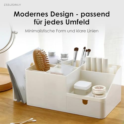 ESSOSWAY Schreibtisch Organizer - mit Stiftehalter - für Kosmetik Bücher - 6 Sortierfächer und Schublade - Büro Home Office Zubehör - Weiß