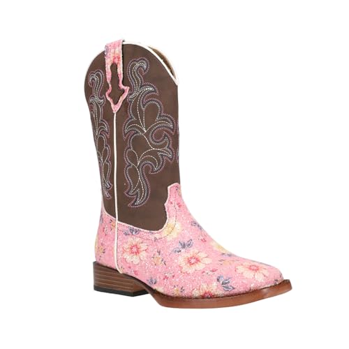 ROPER Kids Girls Glitter Floral Embroidered Square Toe Casual Boots Mid Calf - Brown, Pink2
