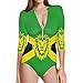Pugasmiru Jamaica Flag Lion Pattern Deep V Zipper Bathing Suit Women Sexy One Piece Swimsuit Cut Out V Neck High Cut Half Sleeve Fashion Swimwear for Vacation Party