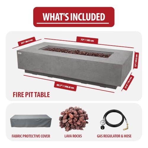 Image of AMS Creations | Savanah 72 inch Rectangular Cast Concrete Propane Gas Fire Pit Table | Light Gray | Travertine Texture Surface | Electronic Ignition | Outdoor Patio Heater Outside Backyard Fireplace