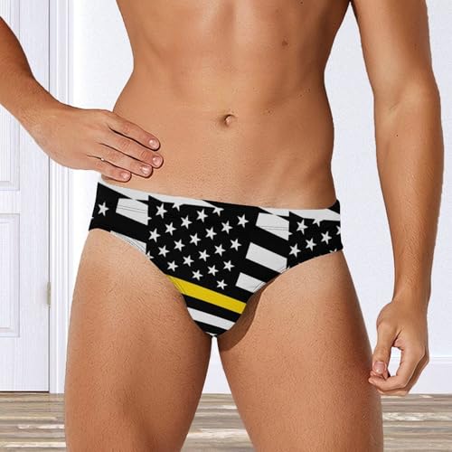US Thin Yellow Line Flag Printed Swim Briefs for Men Sexy Bikini Swimwear Elastic Beach Trunks Bathing Suit2