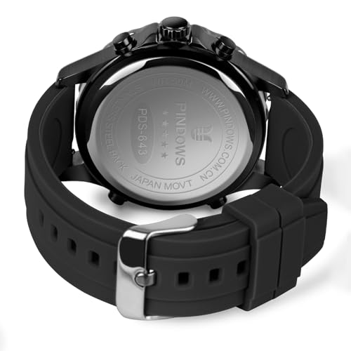 Image of PINDOWS Watch for Men Big Dial Analog Digital Black Silicone Sport Multifunction Luminous LED Dial Waterproof Watches Fashion Wristwatches