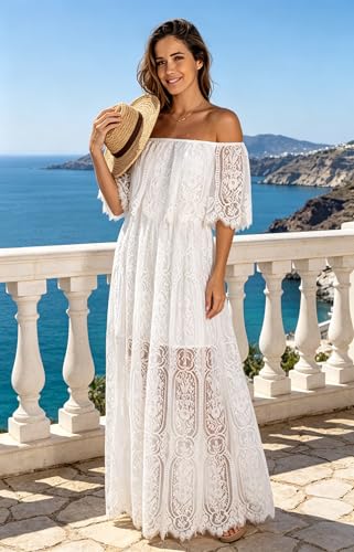 Image of Cercis Womens Off The Shoulder Floral Lace Maxi Wedding Dress Boho Flowy Wedding Guest Formal Long Dresses