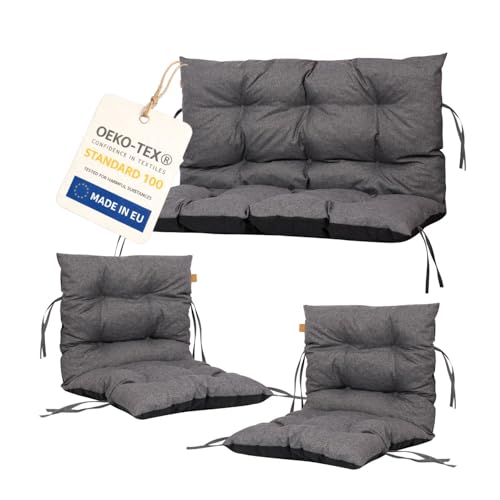 Bielik Gartenkissen Set 3-teilig, Gartenmöbel Polster Set für Rattanmöbel, Bankauflage + 2 Stuhlkissen, Sitzpolster Gartensofa und Gartenstuhl, wasserabweisend Outdoor (dunkelgrau)