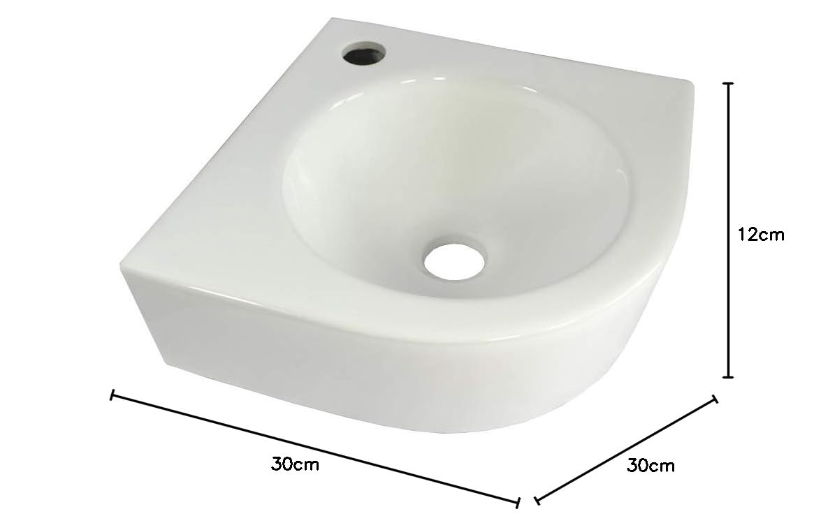 Lavabo de esquina de cerámica para esquina, color blanco, para colgar en la pared, ovalado, semicircular, aprox. 30 cm, WP030
