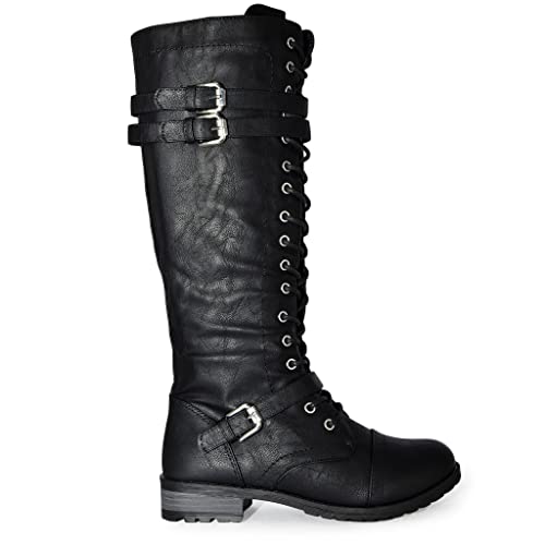 Wild Diva Womens Timberly-65A Lace Up Knee High Combat Boots Black Sz 11 #TOP1