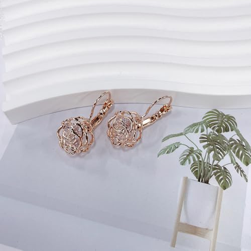 Blooming CZ Filigree 3D Rose Flower Crystal Leverback Dangle Drop Earrings for Women Sensitive Ear Sweet Dangling for Lovers Wedding Elegant Diamond Jewelry Gifts Hypoallergenic Her Girlfriend Valentines Day3