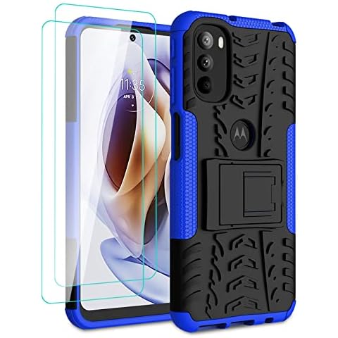 Iokmax Case for Motorola Moto G31 with 2 Pack Screen Protector, Military Grade Shockproof, Heavy Duty Robust Bumper Case with Kickstand for Moto G31 Case,Blue Cover