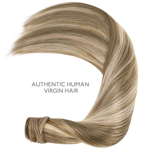 Image of WENNALIFE Ponytail Hair Extension, 20 Inch 90g Ash Brown with Platinum Blonde Highlights Ponytail Extension Human Hair Clip in Wrap Around Remy Human Hair Extension Hairpieces Real Human Hair