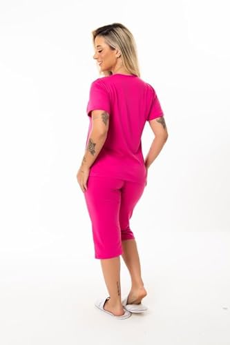 Pijama Feminino Manga Curta e Calça Pescador Liso (BR, Alfa, G, Regular, Regular, pink)