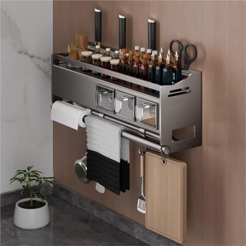 LQVAIPT Estante Se montado en la pared con Hoo y soporte for papel de cocina, estantes colgantes for condimentos Nizer, Sto Solut que ahorra espacio(Three boxes and single cups)