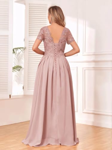 Lace Appliques Mother of The Bride Dresses for Women 2025 Chiffon V-Neck Short Sleeve Formal Evening Dress3