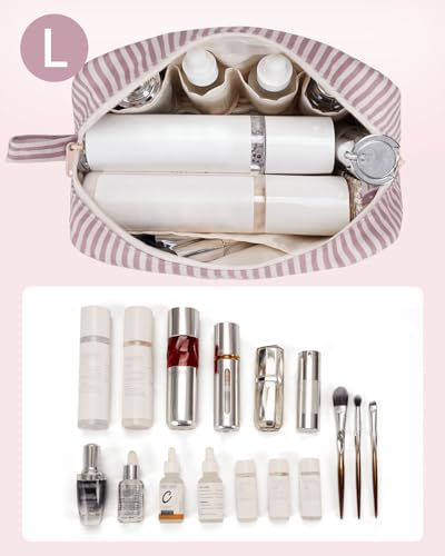 Image of Narwey Cute Makeup Bag Small Toiletry Bag Travel Cosmetic Bag Organizer Make Up Bags with Organized Pockets for Women (Dusty Rose Stripe, Large)