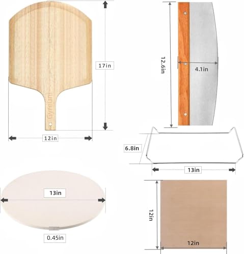 5 PCS Round Pizza Stone Set, 13" Pizza Stone for Oven and Grill with Pizza Peel(OAK),Serving Rack, Pizza Cutter & 10pcs Cooking Paper for Free, Baking Stone for Pizza, Bread