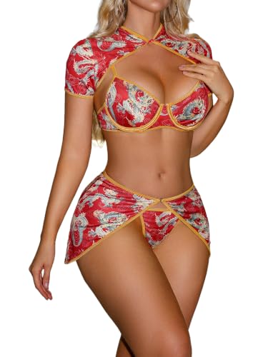 Image of Alrovetoney Sexy Lingerie Fantasy Costume Sexy Series Printed Cut-Out Slit Women's Costume Red S-XXL