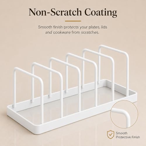 Image of Homeze Dish Drying Rack for Kitchen Counter | Carbon Steel Plate Stand & Pot Lid Organizer | 5 Slot Dish Drainer for Plates, Cutting Boards & Trays | Rust Resistant Cabinet Storage Rack - White(2 Set)