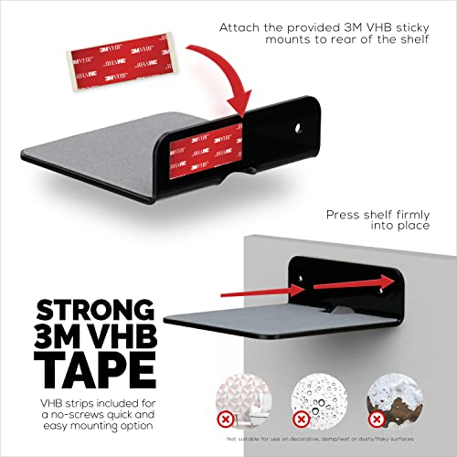Brainwavz 2-Pack 4” Small Floating Shelf Bluetooth Speaker Stand, Adhesive & Screw Wall Mount, Anti Slip, For Cameras, Baby Monitors, Webcam, Router & More, Universal Holder (Shelf11 Black) #TOP4