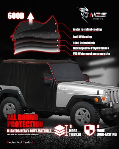 Image of MZS Cab Cover Compatible with Wrangler TJ YJ 2 Door 1986-2006, 600D Waterproof Wrangler Cover with Mirror Pocket 6 Gust Hook Car Half Covers Windproof Sun Snow Rain Scratch Protection