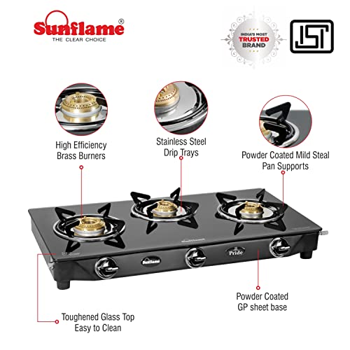 Sunflame-PRIDE-3-Burner-Gas-Stove-Manual-Ignition-with-Toughened-Glass-Top-Powder-Coated-GP-Sheet-Base-Body-3-Brass-Burners-Black