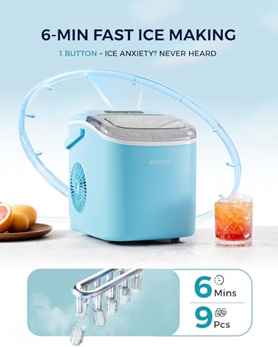 EUHOMY Countertop Ice Maker Machine with Handle, 26lbs Per Day, 9 Ice Cubes Ready in 6 Mins, Auto-Cleaning Portable Ice Maker with Basket and Scoop, for Home/Kitchen/Camping/RV (Blue)