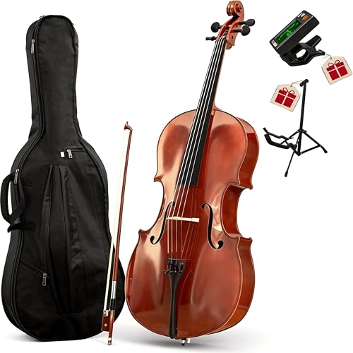 PYY Cello 4/4 Full Size - Solid Wood Acoustic Cello Package with Stand, Case, Bow, Rosin, Tuner & Extra Strings, Perfect for Students & Adult Beginners
