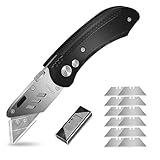 Folding Utility Cutter - Heavy Duty Box Cutter Pocket Utility Cutter with 11 Replaceable Stainless Steel Blades, Belt Clip, Easy Release Button, Quick Change and Lock-Back Design