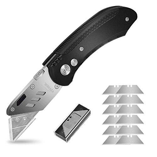Folding Utility Knife - VIVREAL Heavy Duty Box Cutter Pocket Utility Knives with 11 Replaceable Stainless Steel Blades, Belt Clip, Easy Release Button, Quick Change and Lock-Back Design  