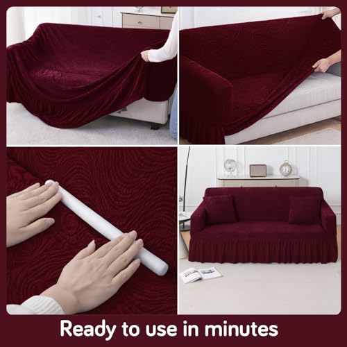 Image of HOKIPO 240 GSM Premium Jacquard Fully Covered Stretchable Sofa Cover for 1 Seater, 'Serene Wave Series' Wine (AR-6352-WINE)