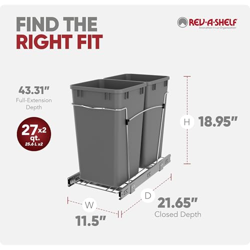 Image of Rev-A-Shelf Double Pullout Garbage Trash Cans for Kitchen Cabinets, 27 Qt